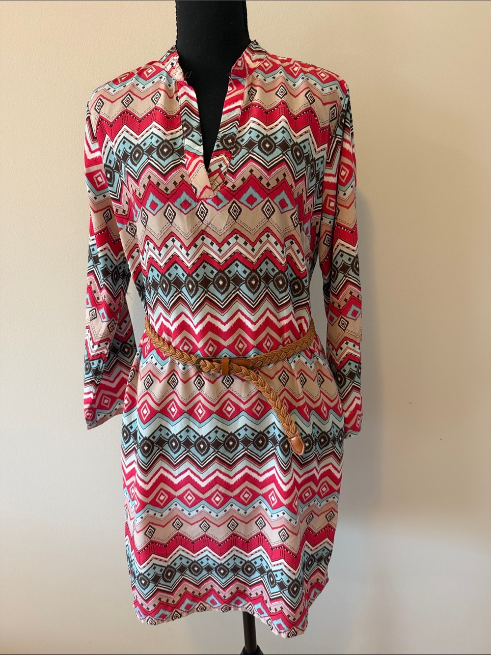 Boho Chevron Print Mini Dress in Pink and Cream